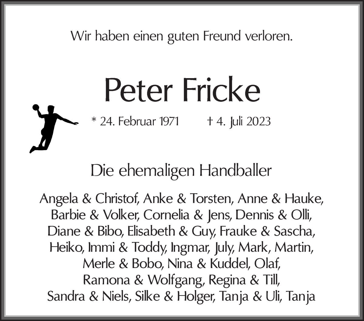 Traueranzeige von Peter Fricke von Osterholzer Kreisblatt