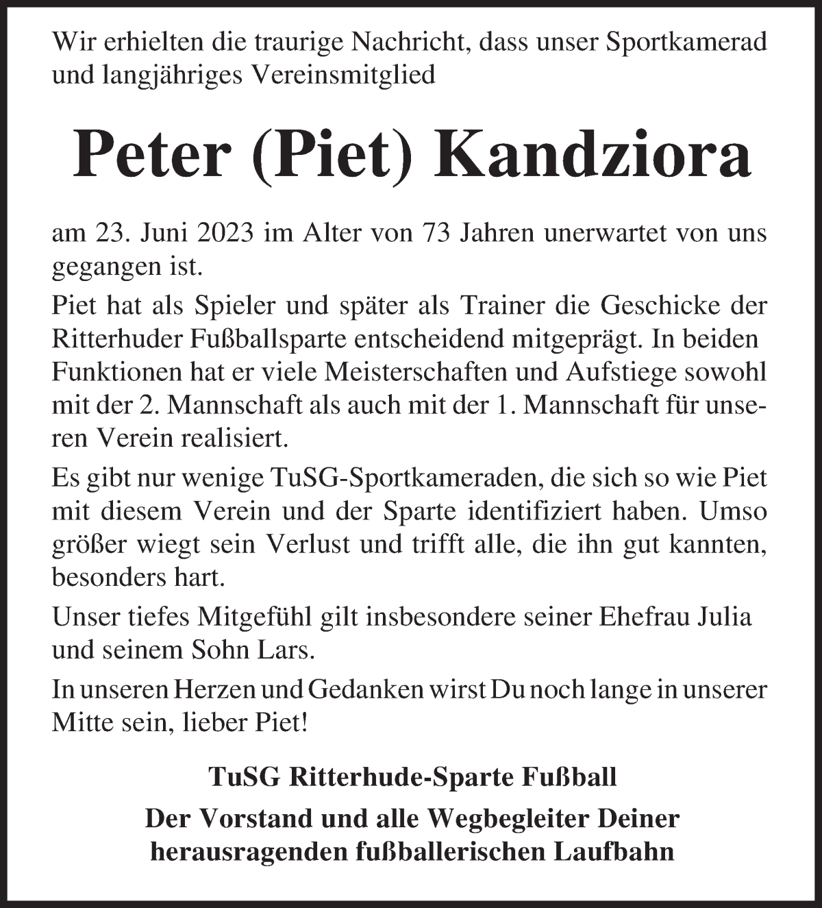 Traueranzeige von Peter Kandziora von Osterholzer Kreisblatt