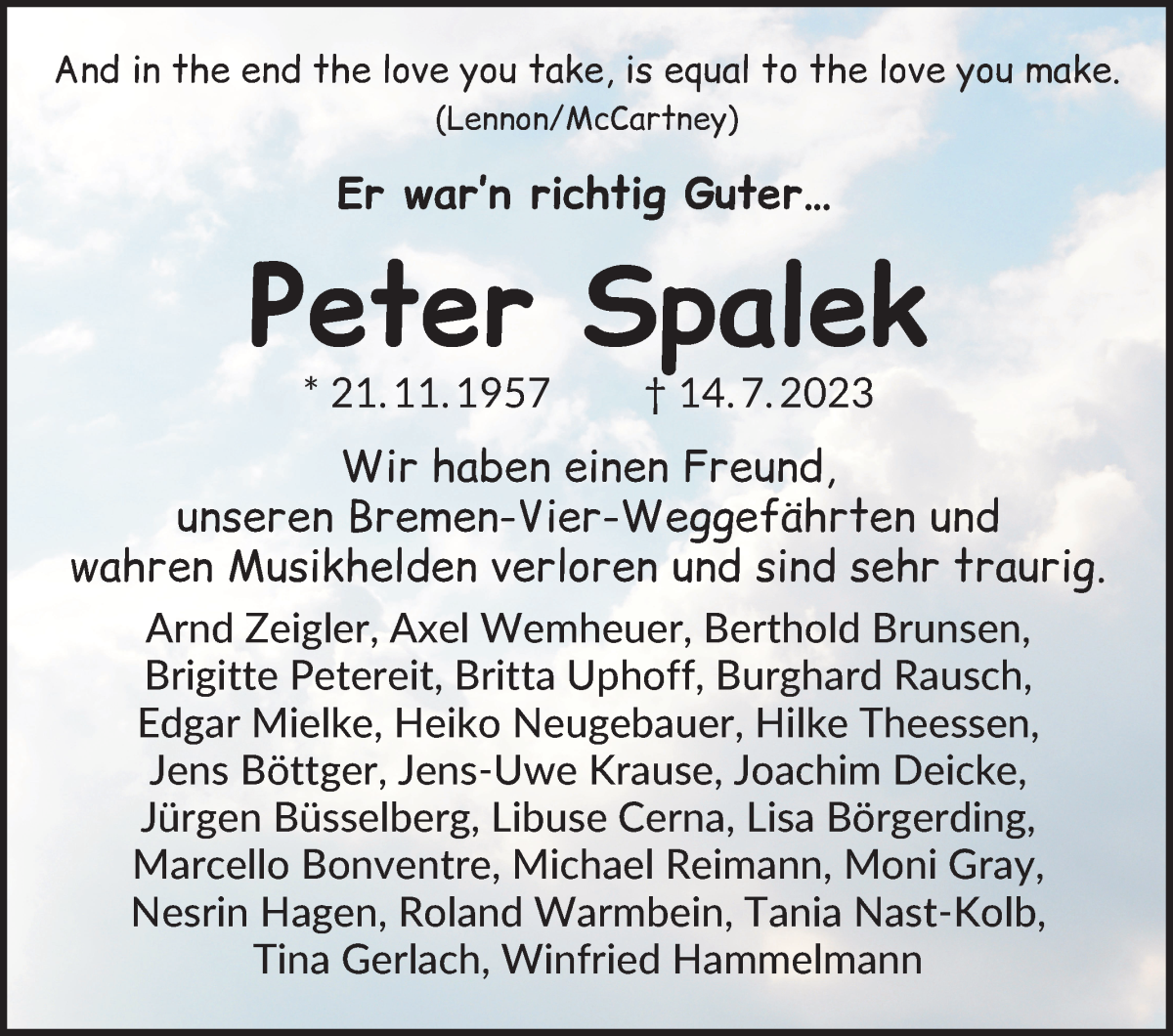 Traueranzeige von Peter Spalek von WESER-KURIER