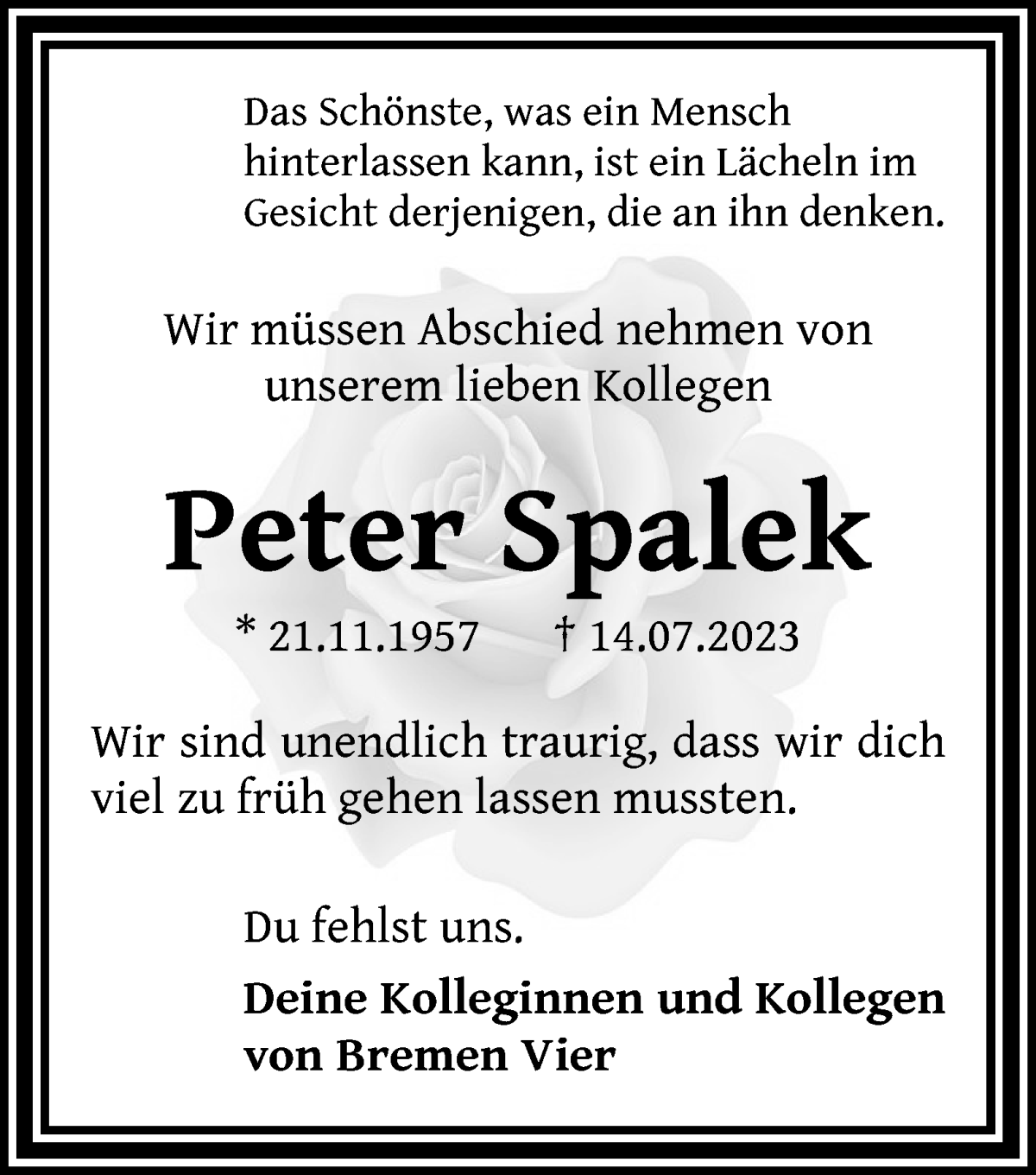 Traueranzeige von Peter Spalek von WESER-KURIER
