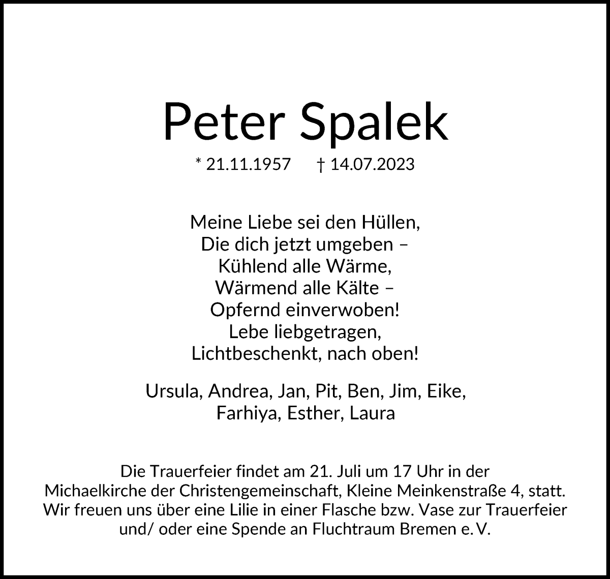 Traueranzeige von Peter Spalek von WESER-KURIER