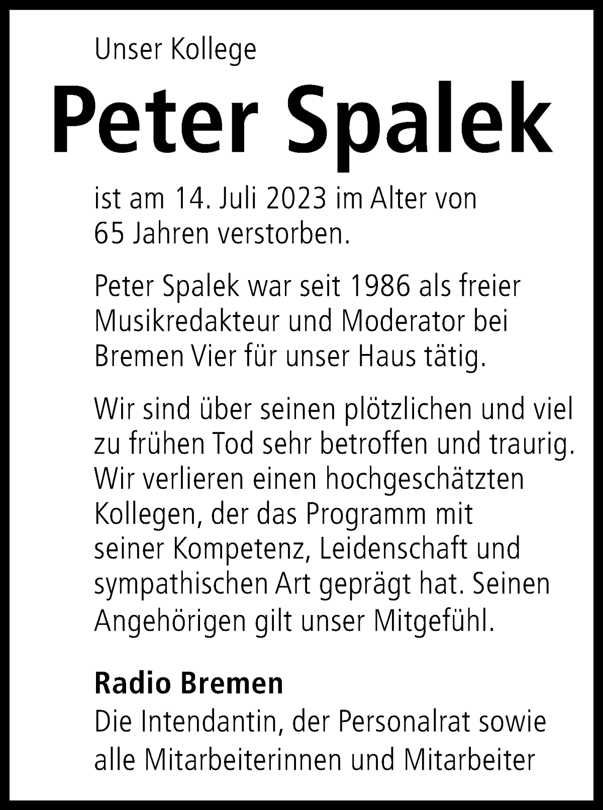 Traueranzeige von Peter Spalek von WESER-KURIER