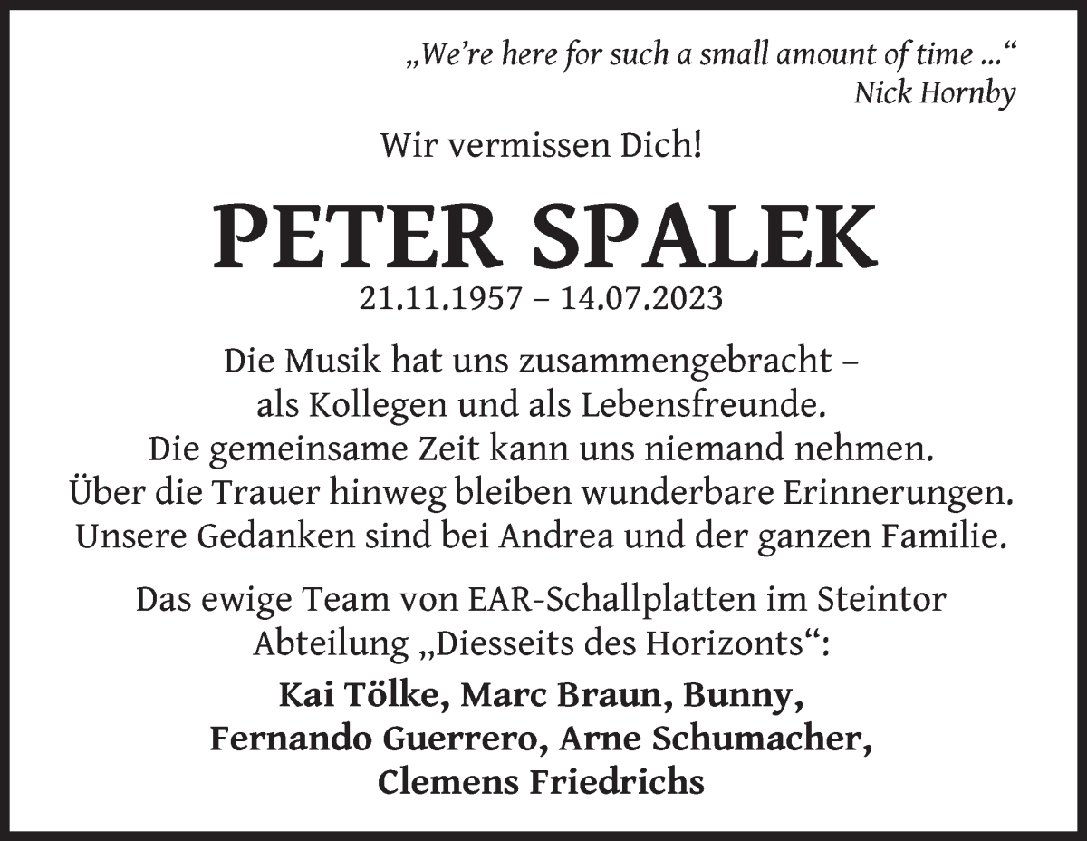 Traueranzeige von Peter Spalek von WESER-KURIER