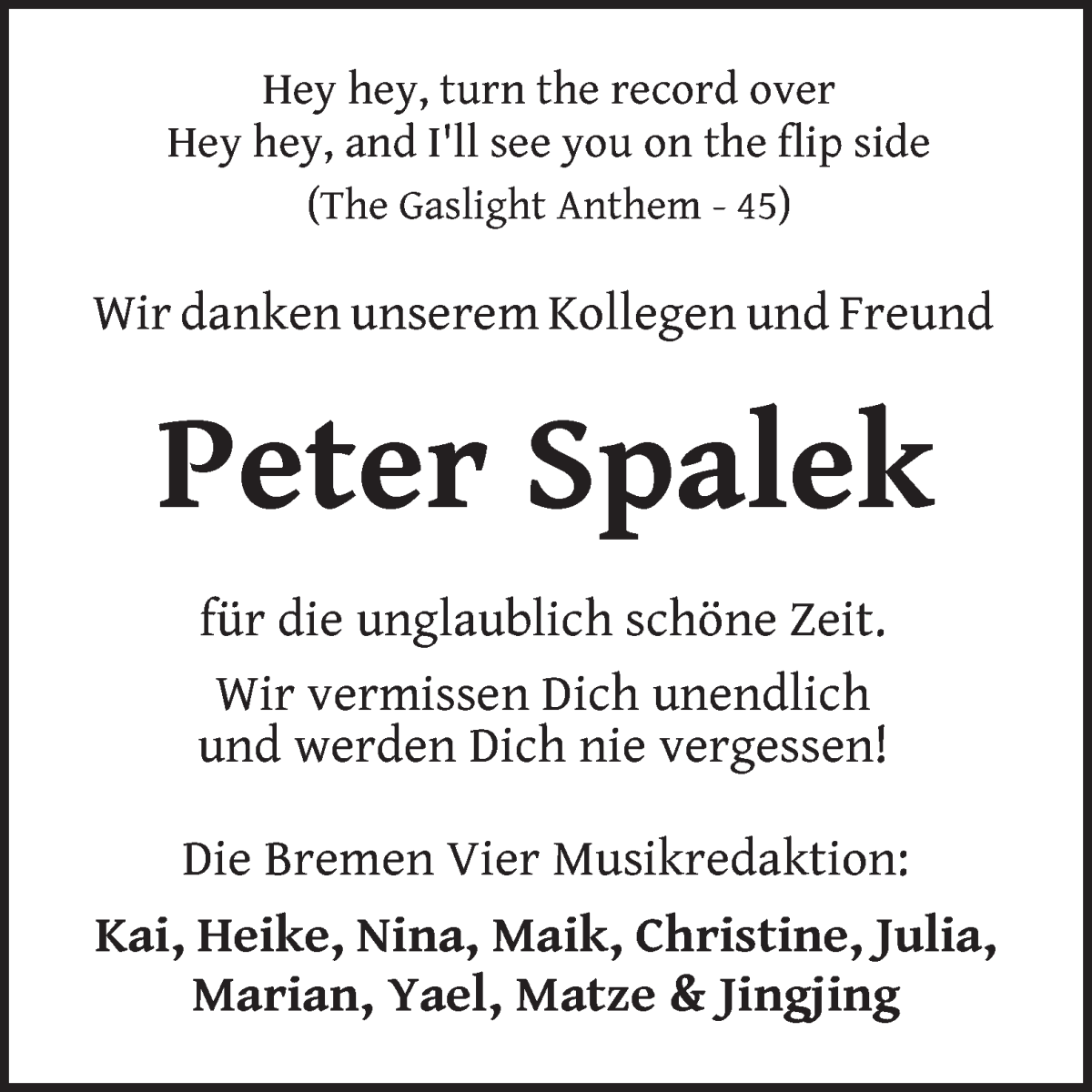 Traueranzeige von Peter Spalek von WESER-KURIER