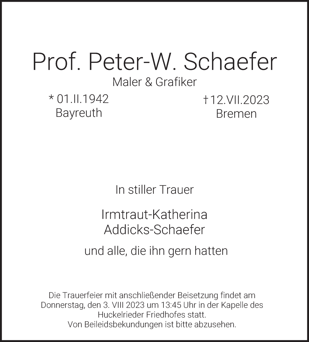 Traueranzeige von Peter-W. Schaefer von WESER-KURIER