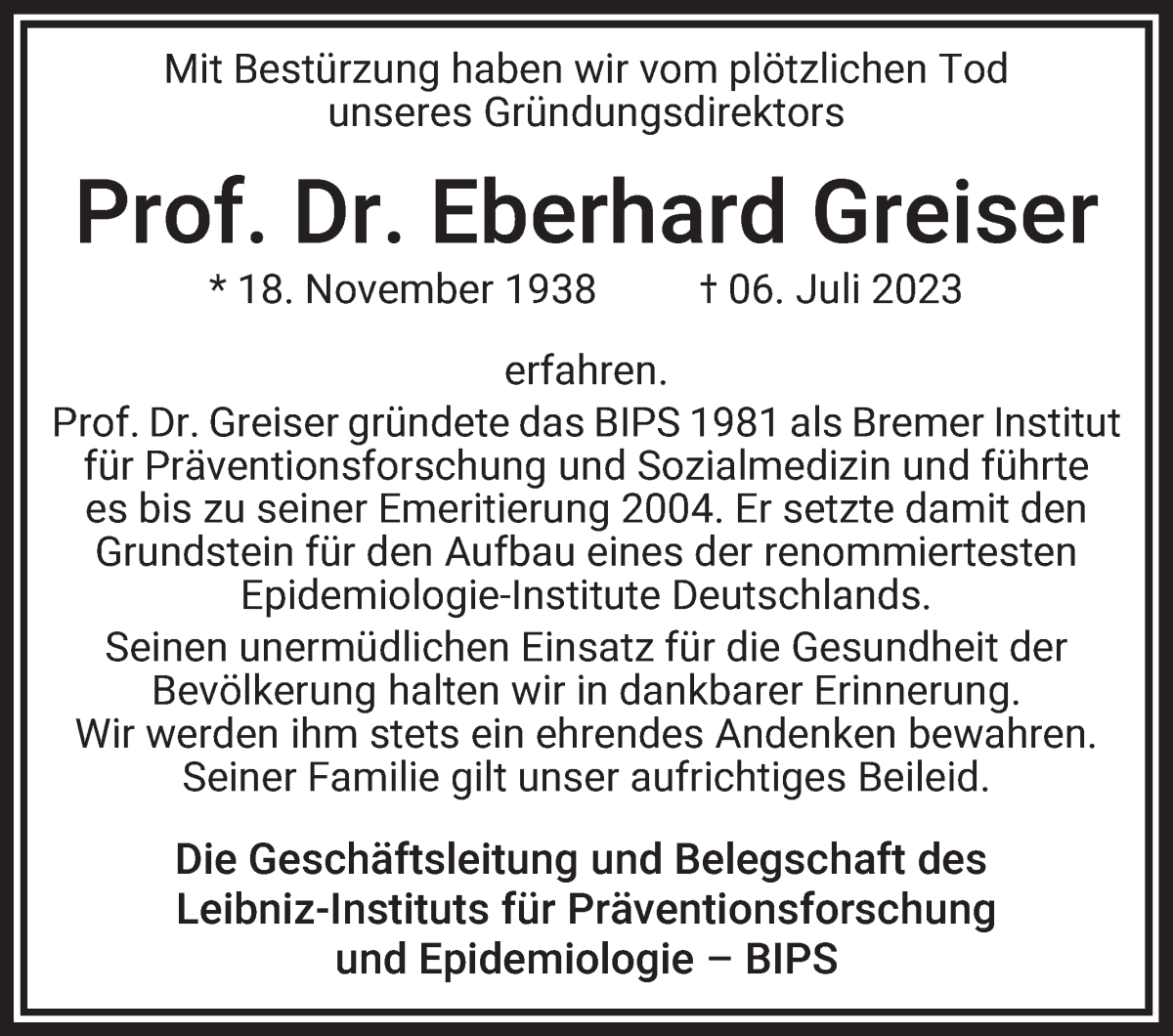 Traueranzeige von Prof. Dr. Eberhard Greiser von WESER-KURIER