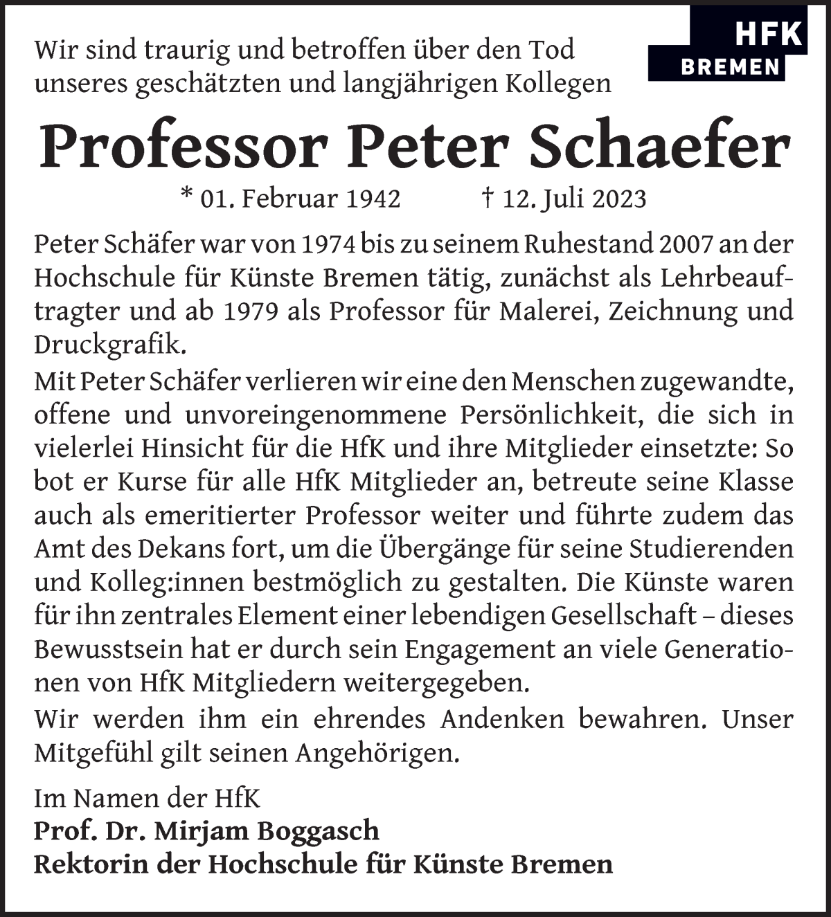 Traueranzeige von Prof. Peter Schaefer von WESER-KURIER