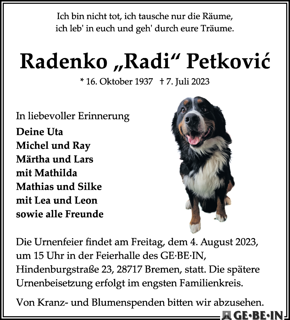 Traueranzeige von Radenko Petcovic von WESER-KURIER