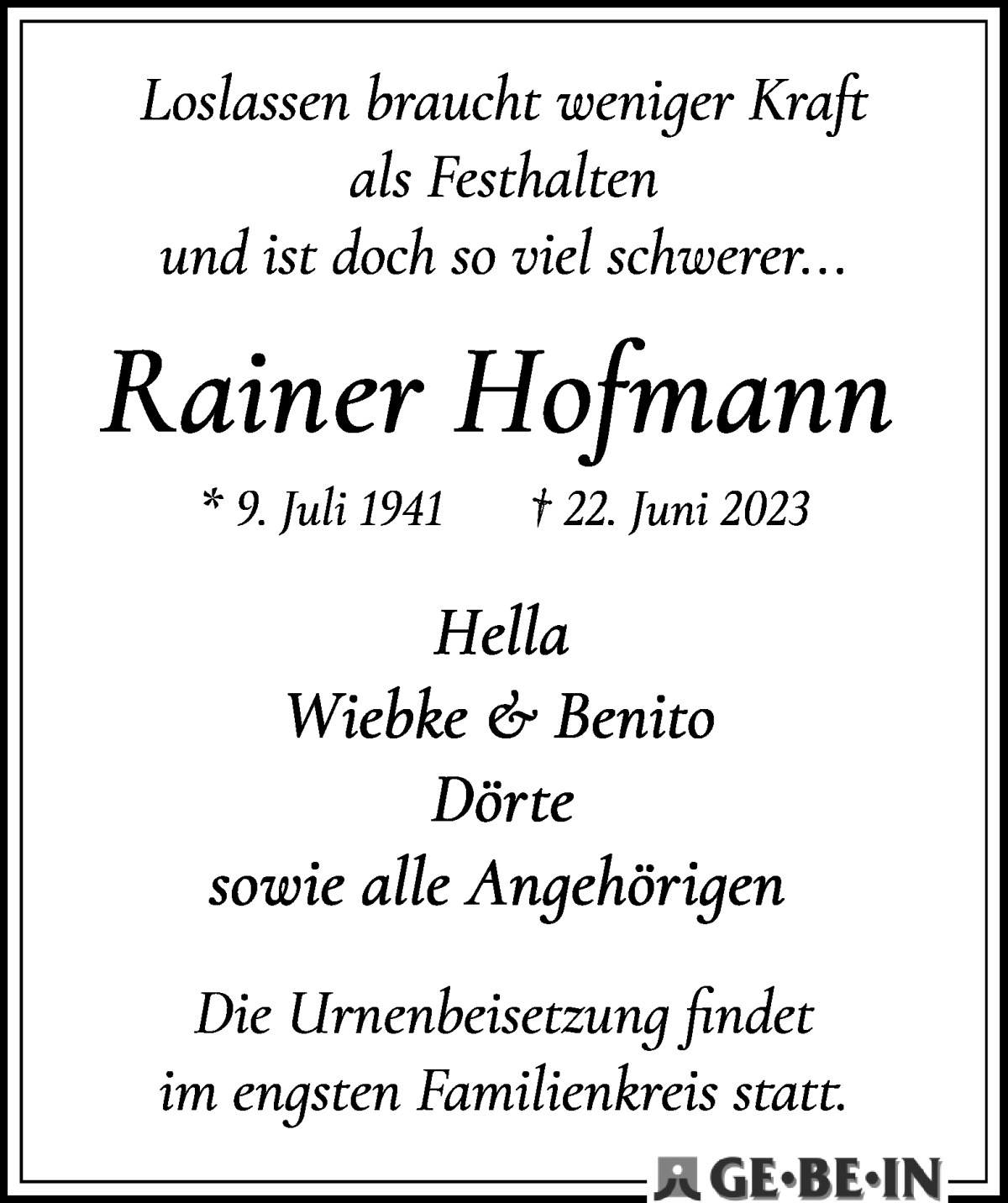 Traueranzeige von Rainer Hofmann von WESER-KURIER