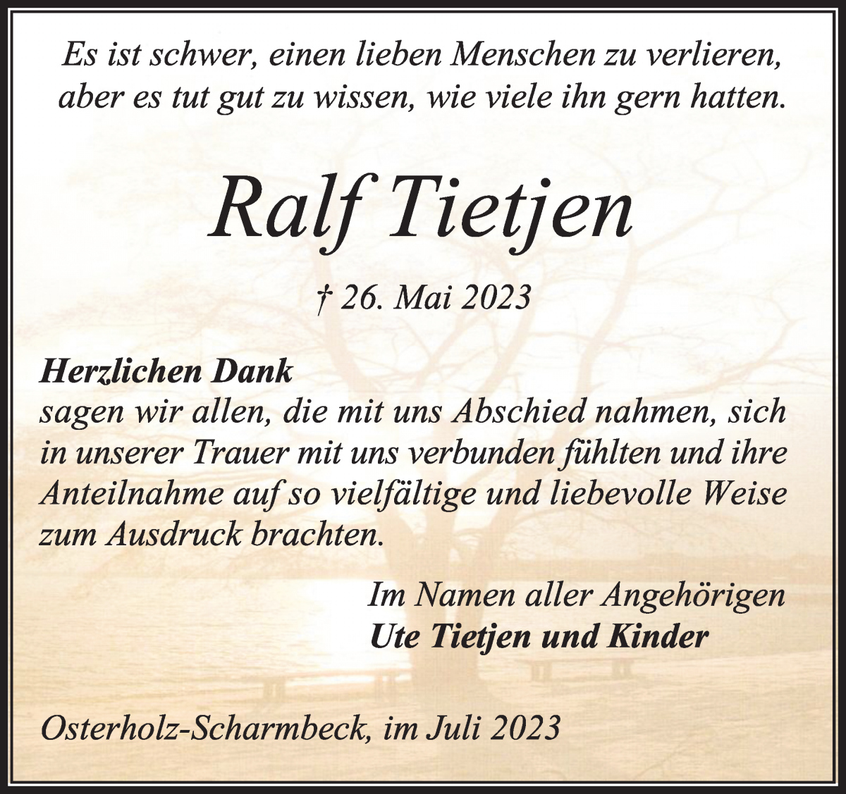 Traueranzeige von Ralf Tietjen von Osterholzer Kreisblatt
