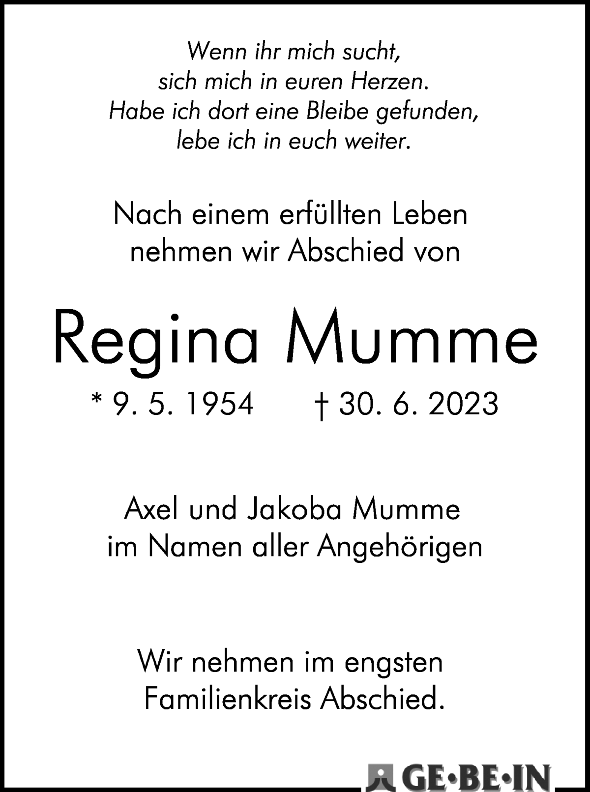 Traueranzeige von Regina Mumme von WESER-KURIER