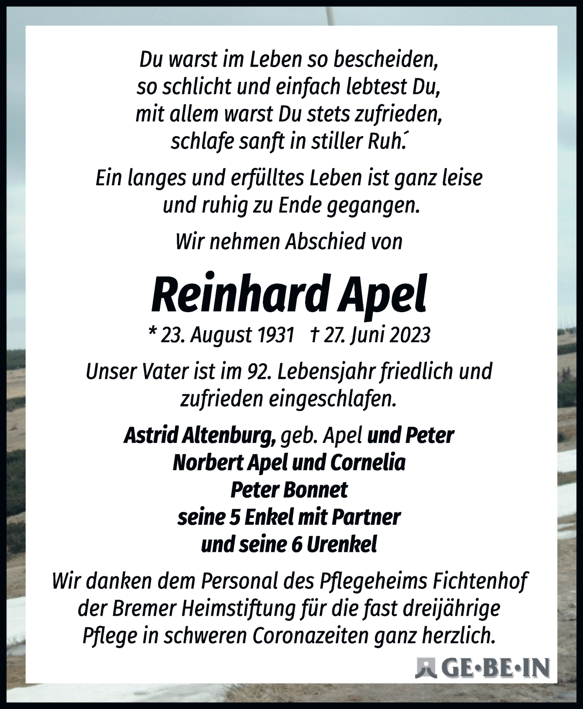 Traueranzeige von Reinhard Apel von WESER-KURIER