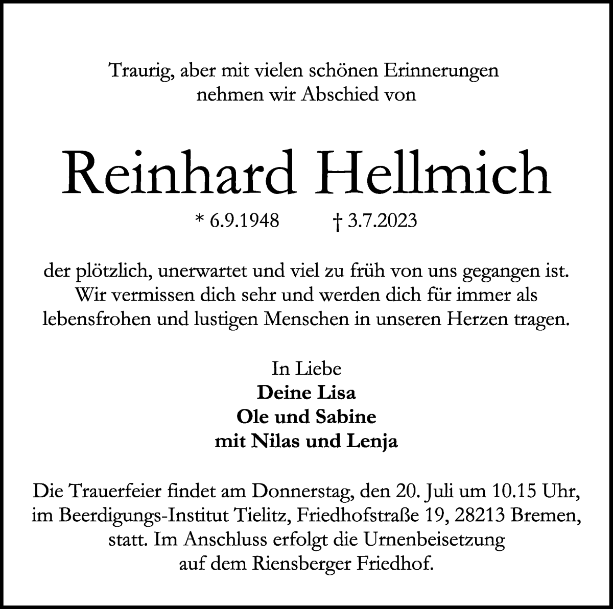 Traueranzeige von Reinhard Hellmich von WESER-KURIER