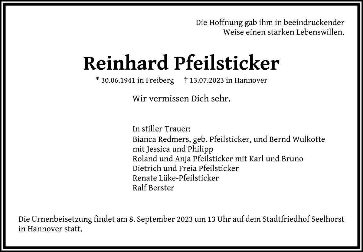 Traueranzeige von Reinhard Pfeilsticker von WESER-KURIER