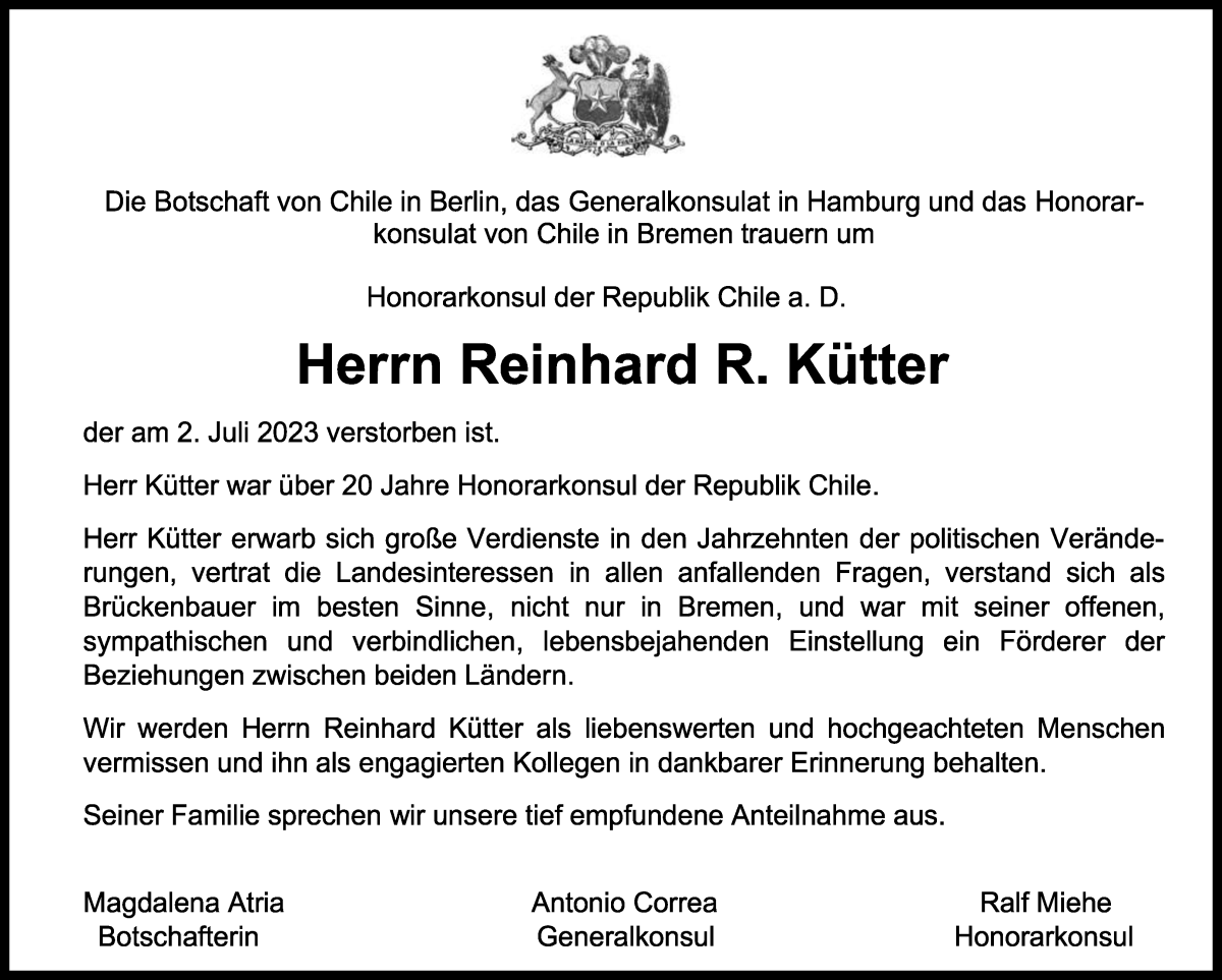 Traueranzeige von Reinhard R. Kütter von WESER-KURIER