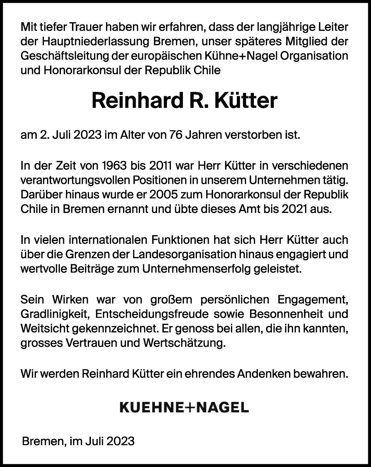Traueranzeige von Reinhard R. Kütter von WESER-KURIER
