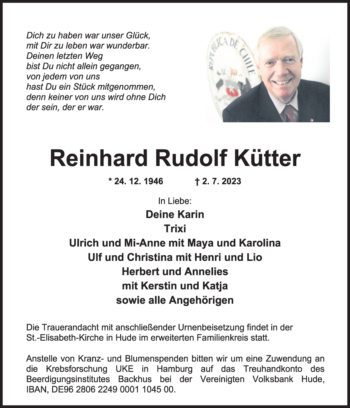 Traueranzeige von Reinhard Rudolf Kütter von WESER-KURIER