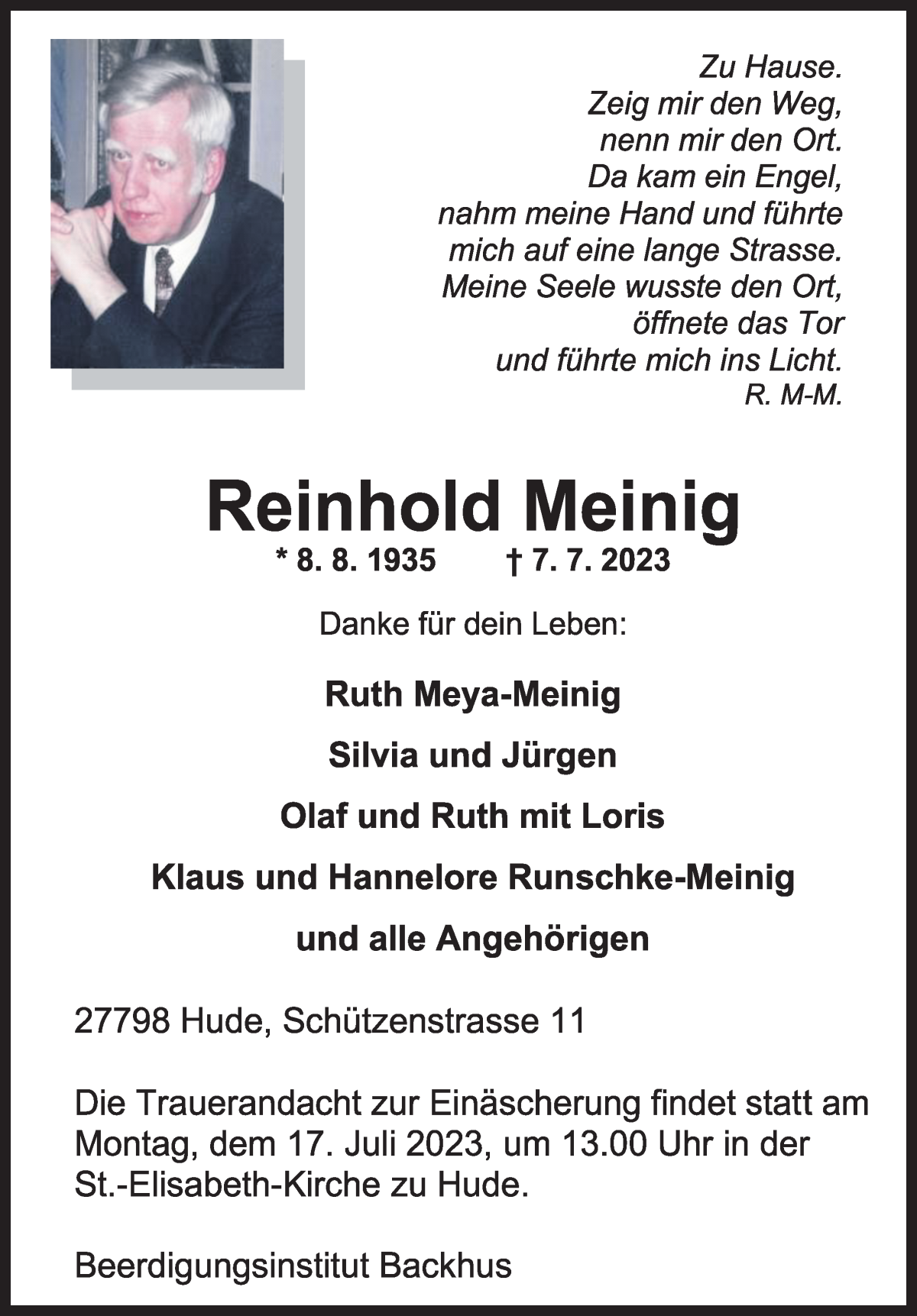 Traueranzeige von Reinhold Meinig von WESER-KURIER