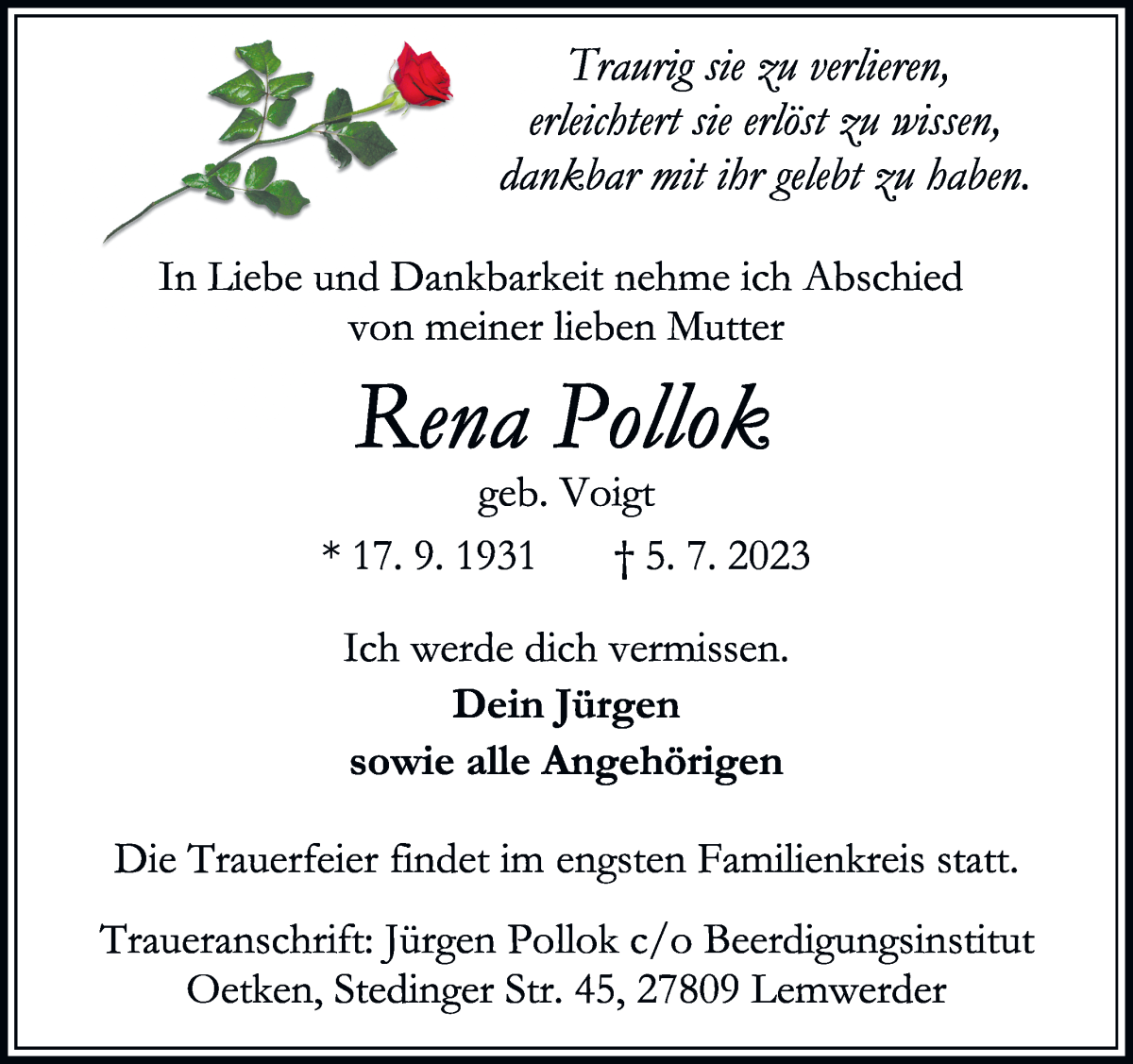 Traueranzeige von Rena Pollok von Die Norddeutsche