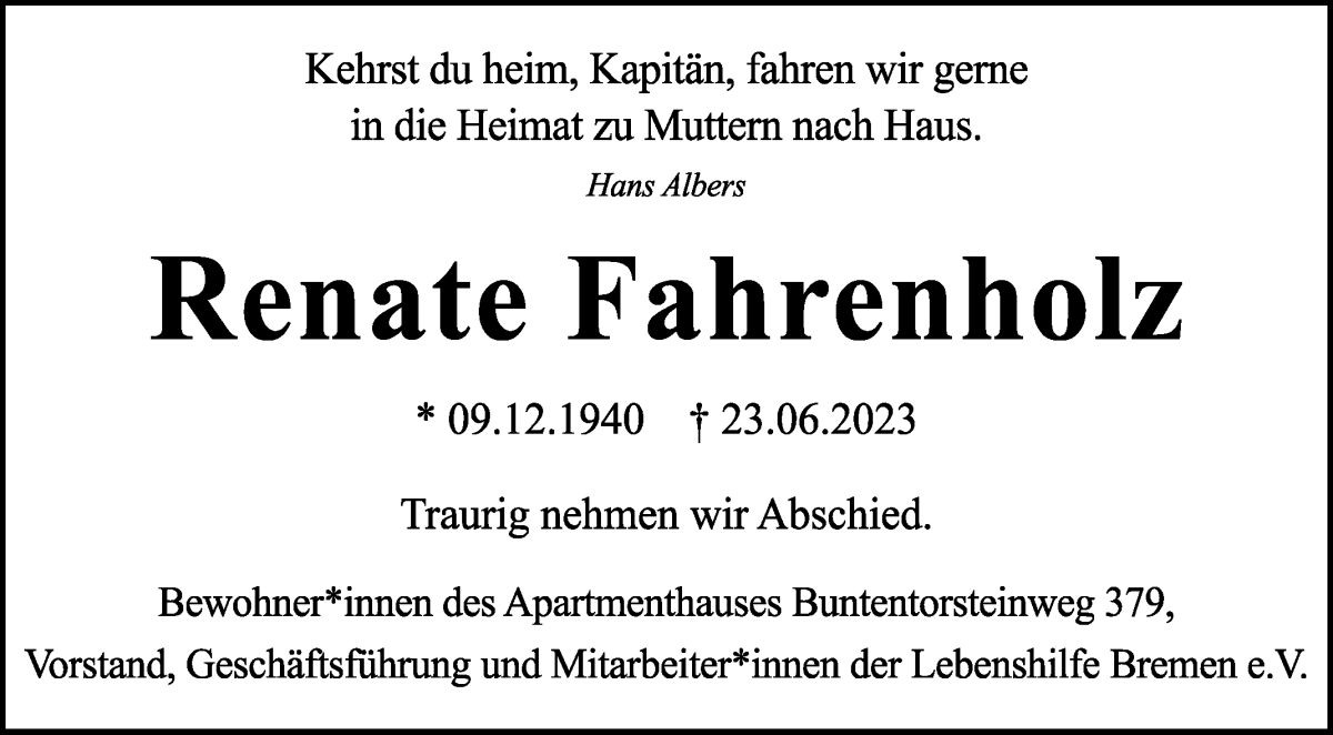 Traueranzeige von Renate Fahrenholz von WESER-KURIER