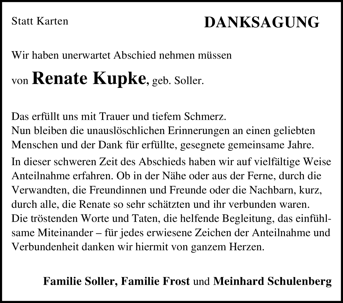 Traueranzeige von Renate Kupke von WESER-KURIER