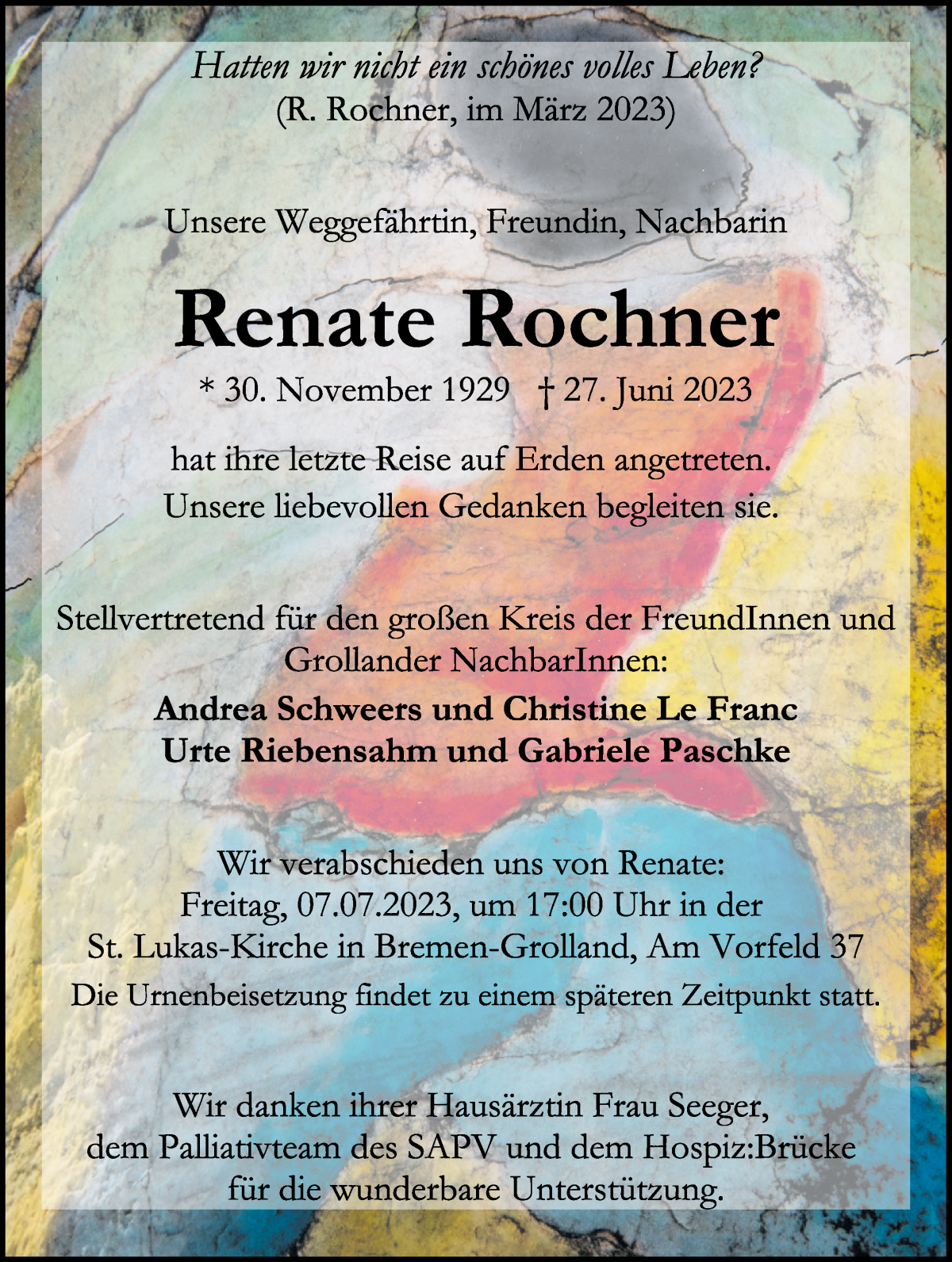 Traueranzeige von Renate Rochner von WESER-KURIER