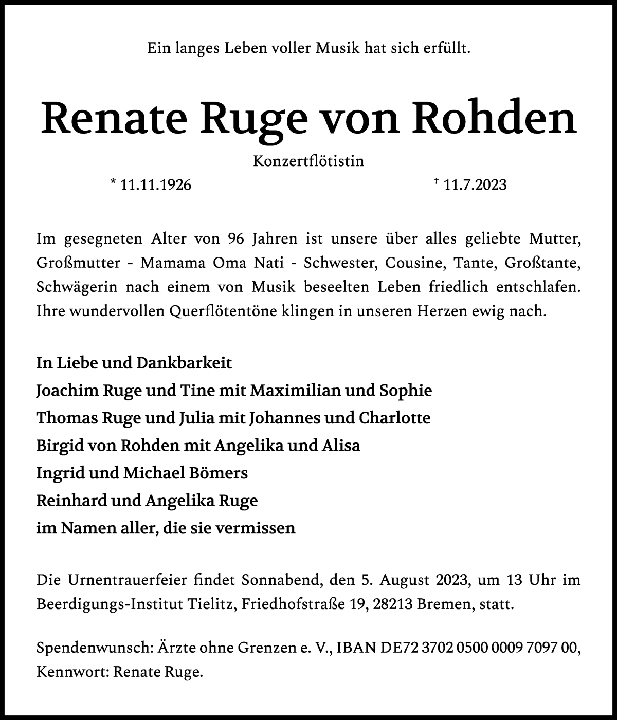 Traueranzeige von Renate Ruge von Rohden von WESER-KURIER