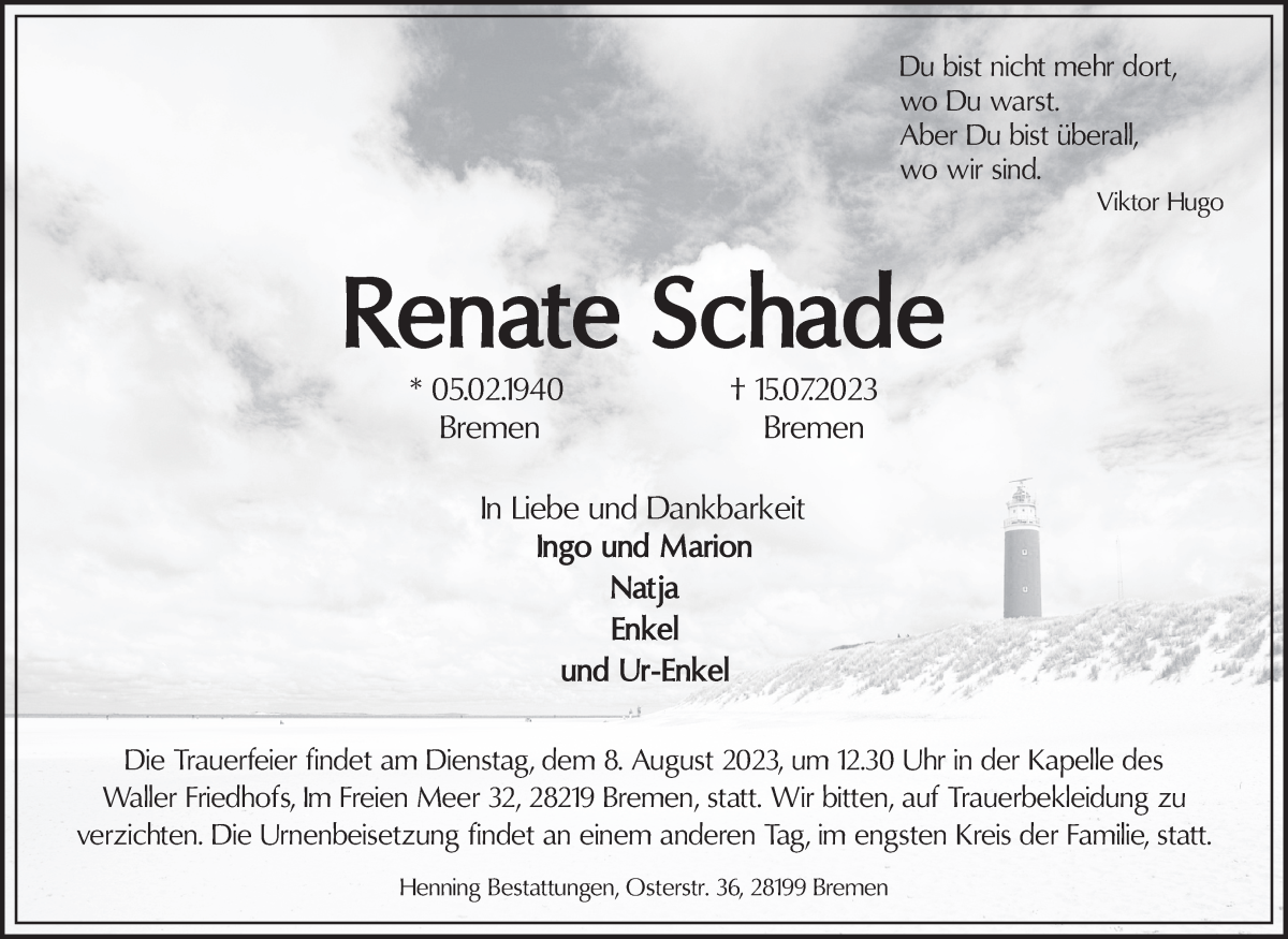 Traueranzeige von Renate Schade von WESER-KURIER
