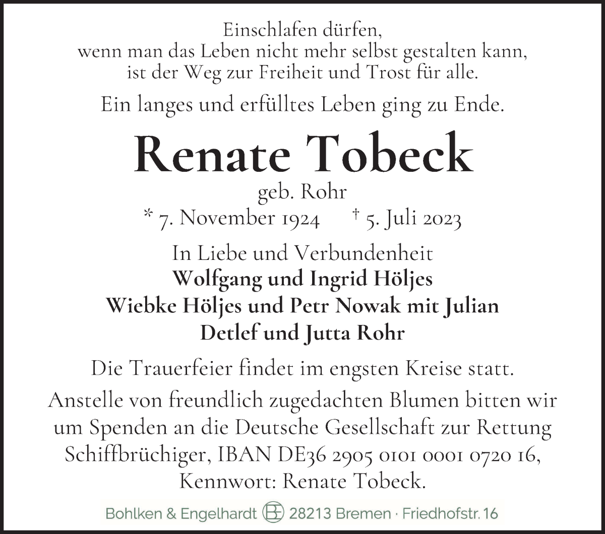 Traueranzeige von Renate Tobeck von WESER-KURIER