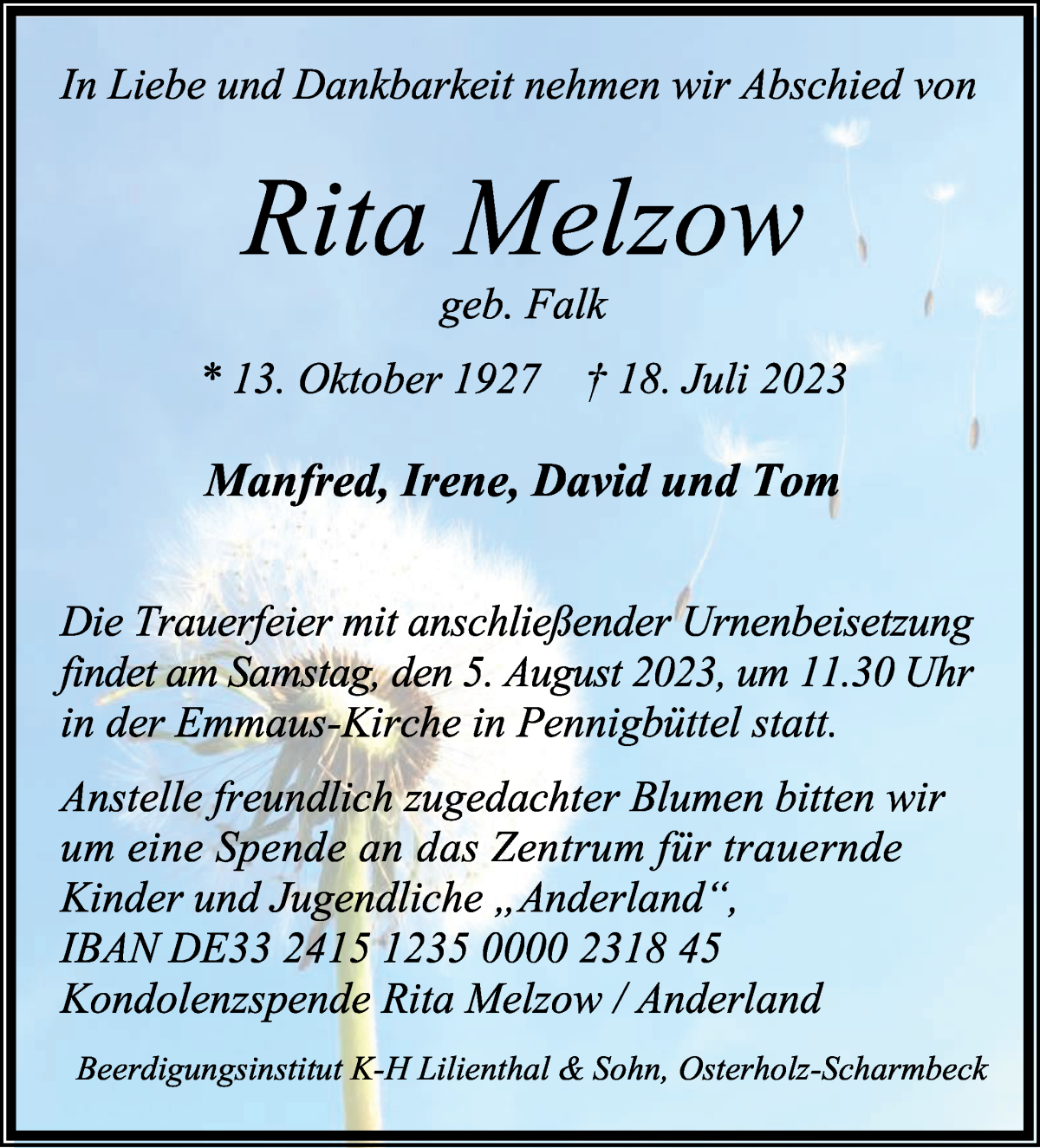Traueranzeige von Rita Melzow von Osterholzer Kreisblatt