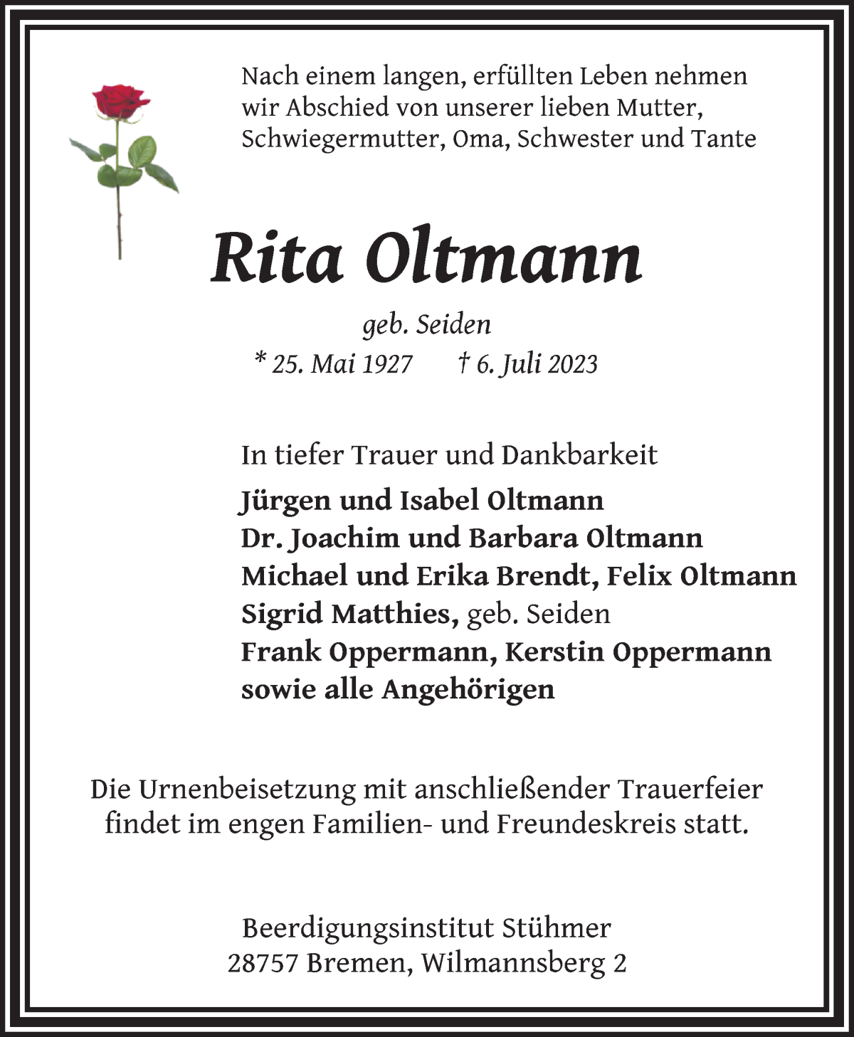 Traueranzeige von Rita Oltmann von Die Norddeutsche