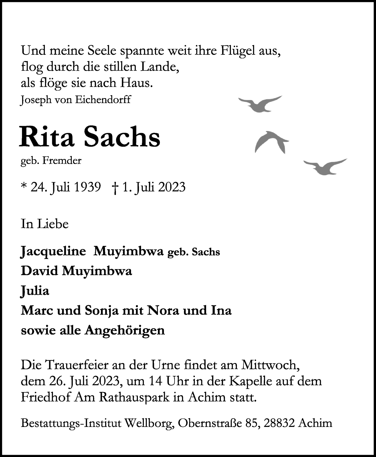 Traueranzeige von Rita Sachs von WESER-KURIER