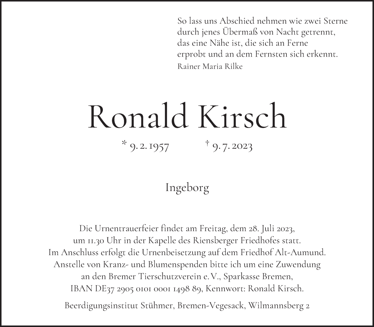 Traueranzeige von Ronald Kirsch von WESER-KURIER