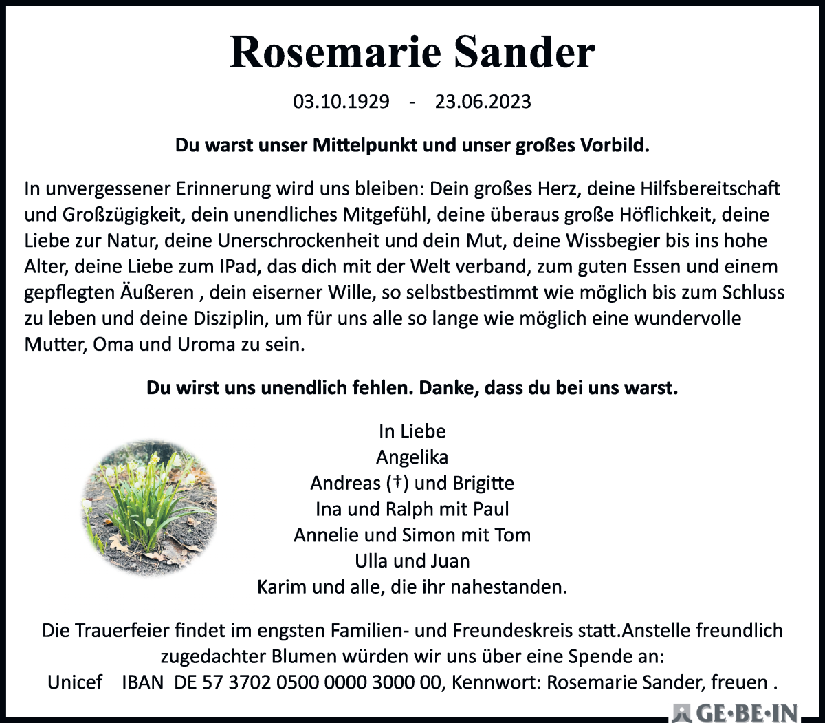 Traueranzeige von Rosemarie Sander von WESER-KURIER