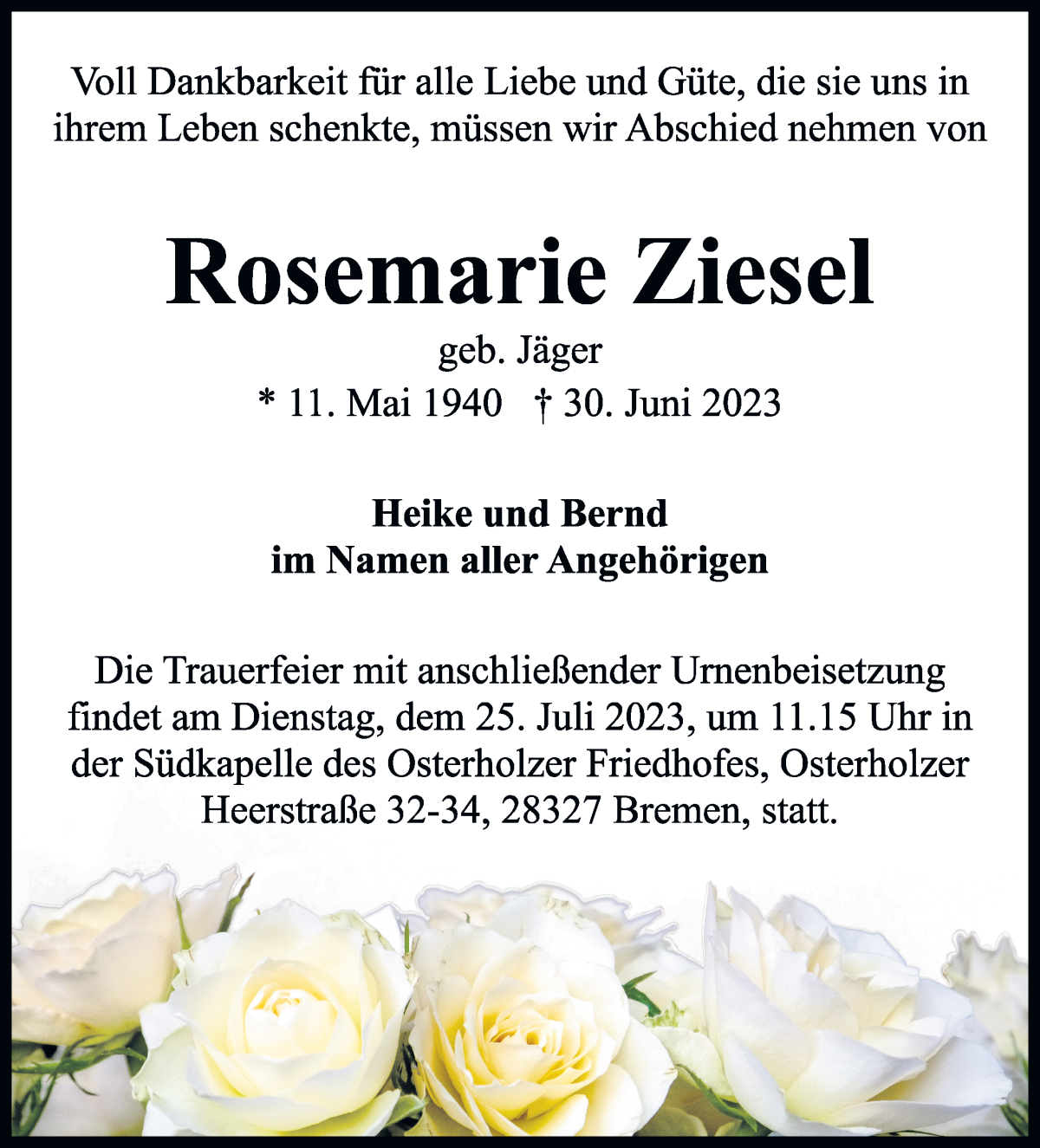Traueranzeige von Rosemarie Ziesel von WESER-KURIER
