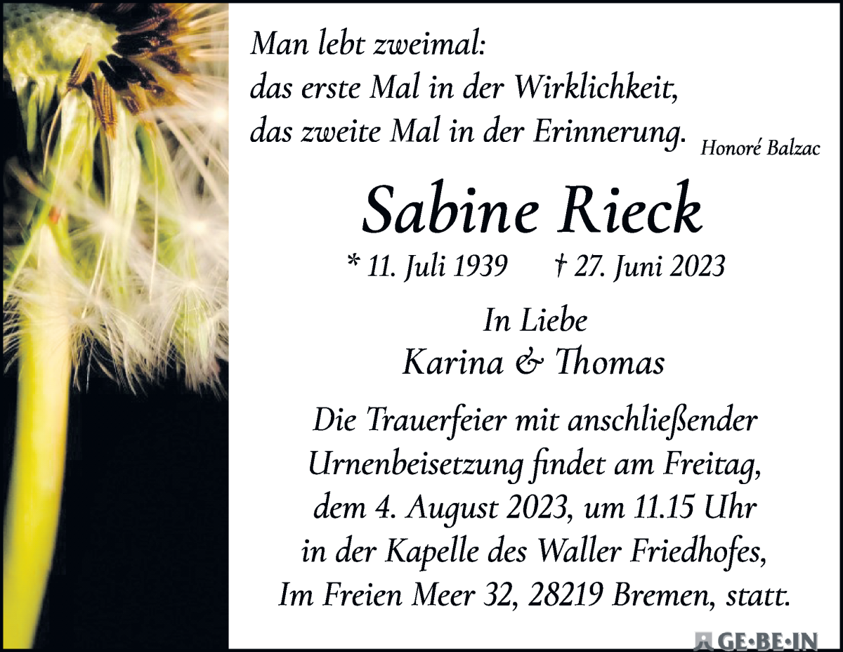 Traueranzeige von Sabine Rieck von WESER-KURIER