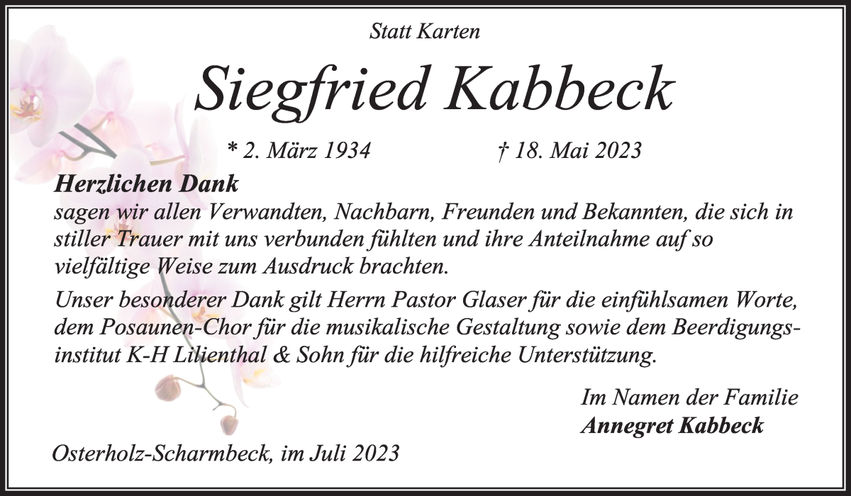 Traueranzeige von Siegfried Kabbeck von Osterholzer Kreisblatt