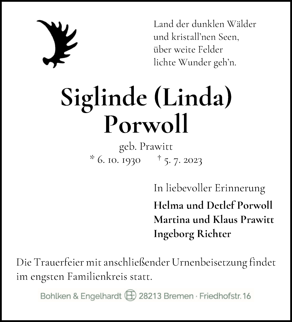 Traueranzeige von Siglinde Porwoll von WESER-KURIER