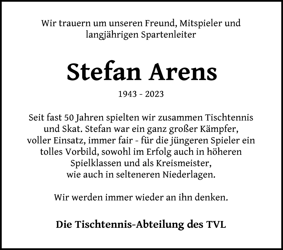 Traueranzeige von Stefan Arens von Wuemme Zeitung