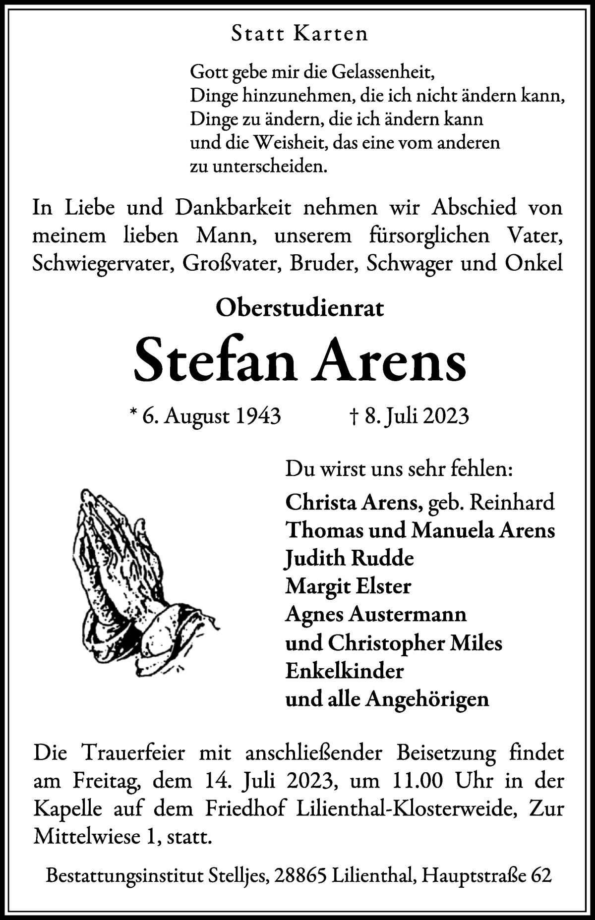 Traueranzeige von Stefan Arens von Wuemme Zeitung