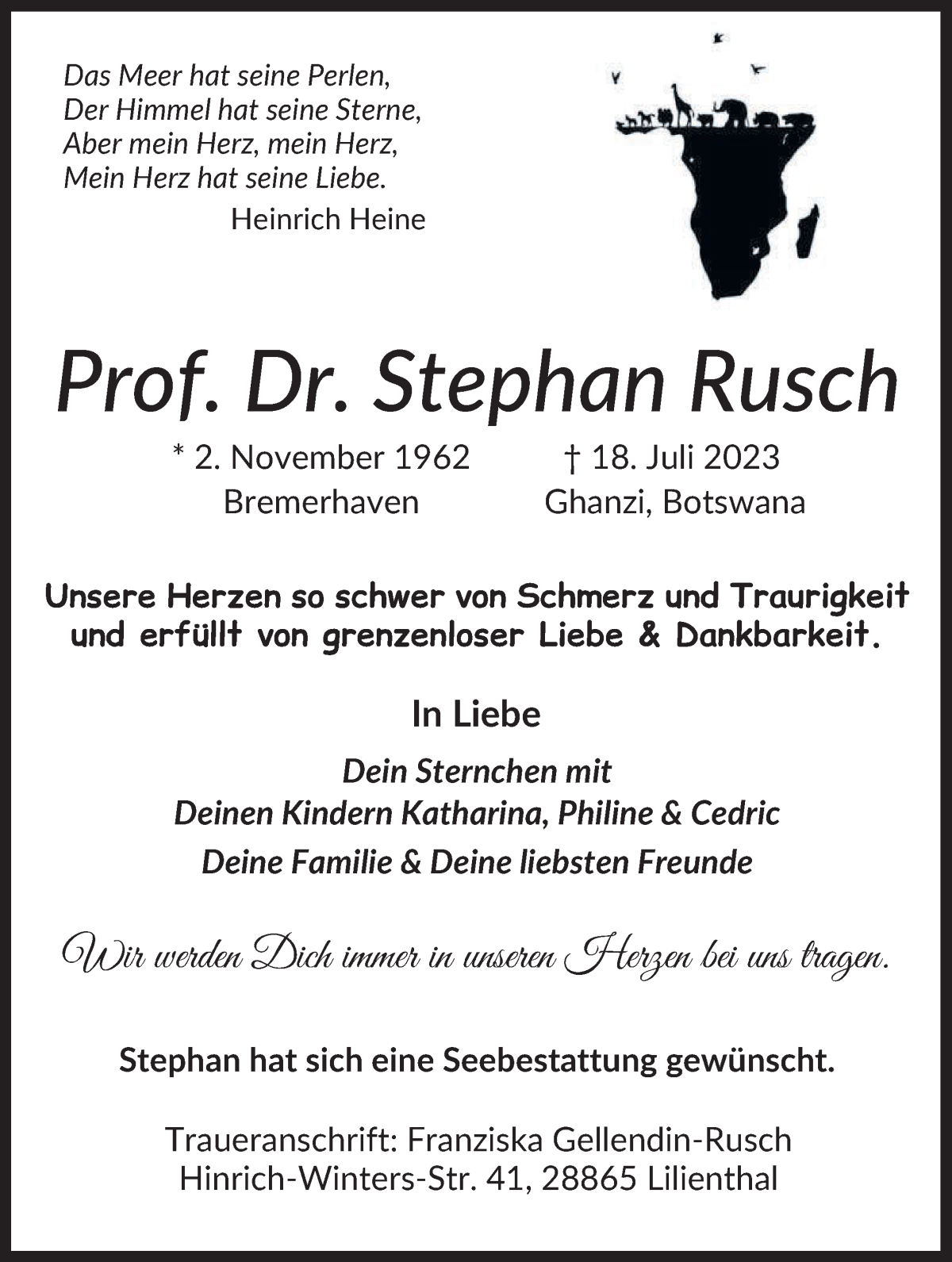 Traueranzeige von Stephan Rusch   von Wuemme Zeitung