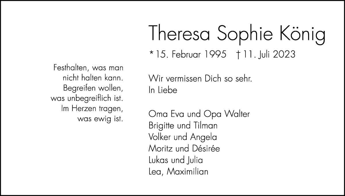 Traueranzeige von Theresa Sophie König von WESER-KURIER