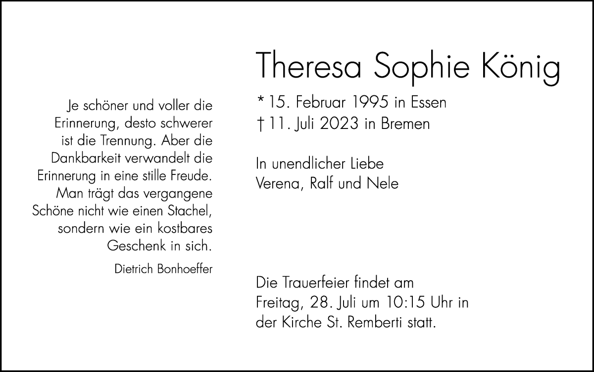 Traueranzeige von Theresa Sophie König von WESER-KURIER
