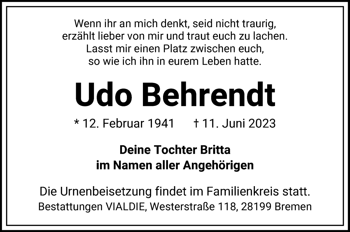 Traueranzeige von Udo Behrendt von WESER-KURIER
