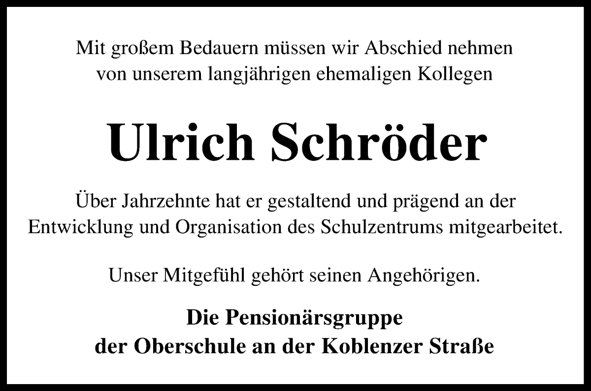 Traueranzeige von Ulrich Schröder von WESER-KURIER