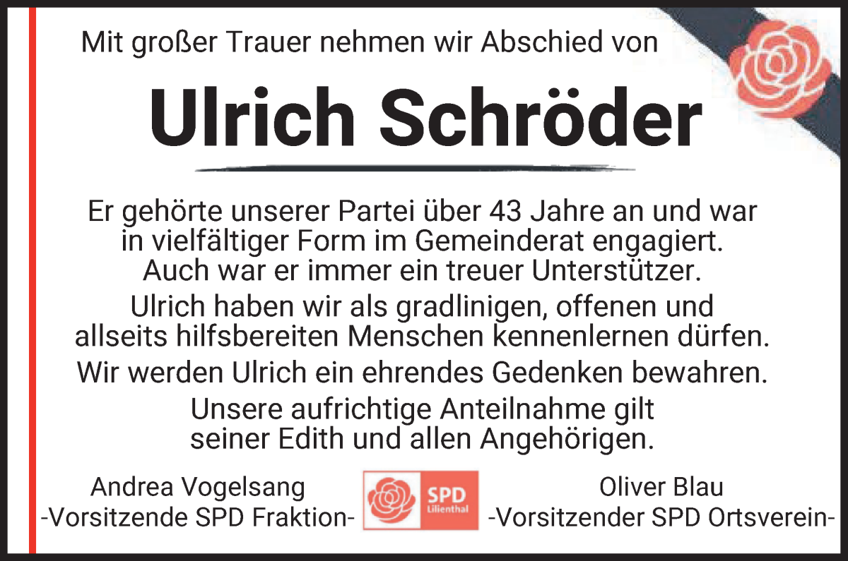 Traueranzeige von Ulrich Schröder von Wuemme Zeitung