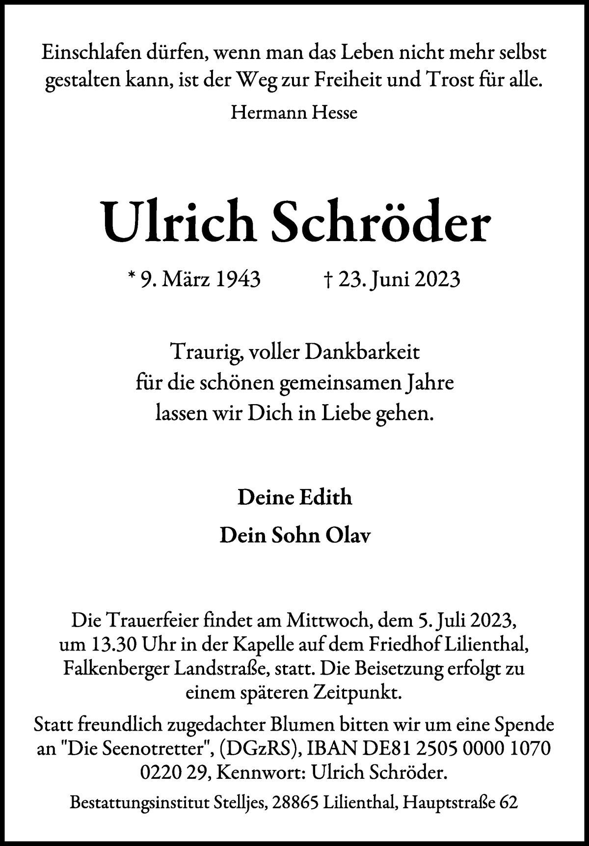 Traueranzeige von Ulrich Schröder von WESER-KURIER