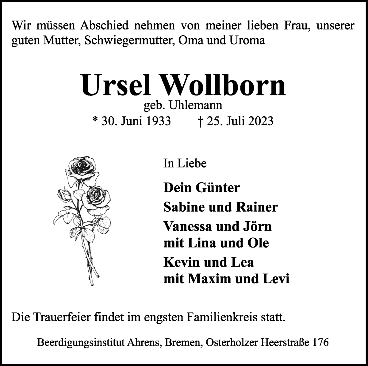 Traueranzeige von Ursel Wollborn von WESER-KURIER