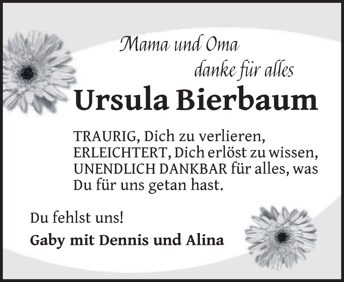 Traueranzeige von Ursula Bierbaum von Die Norddeutsche