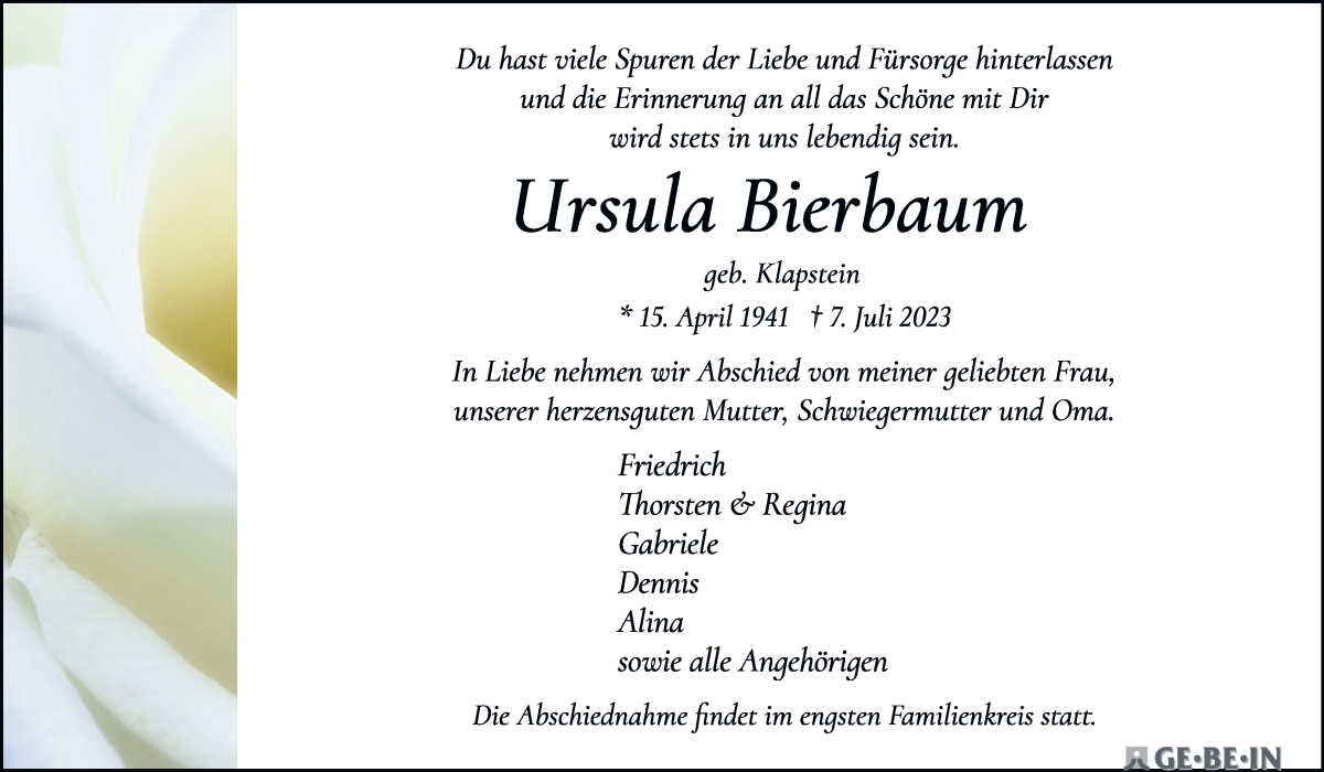 Traueranzeige von Ursula Bierbaum von WESER-KURIER